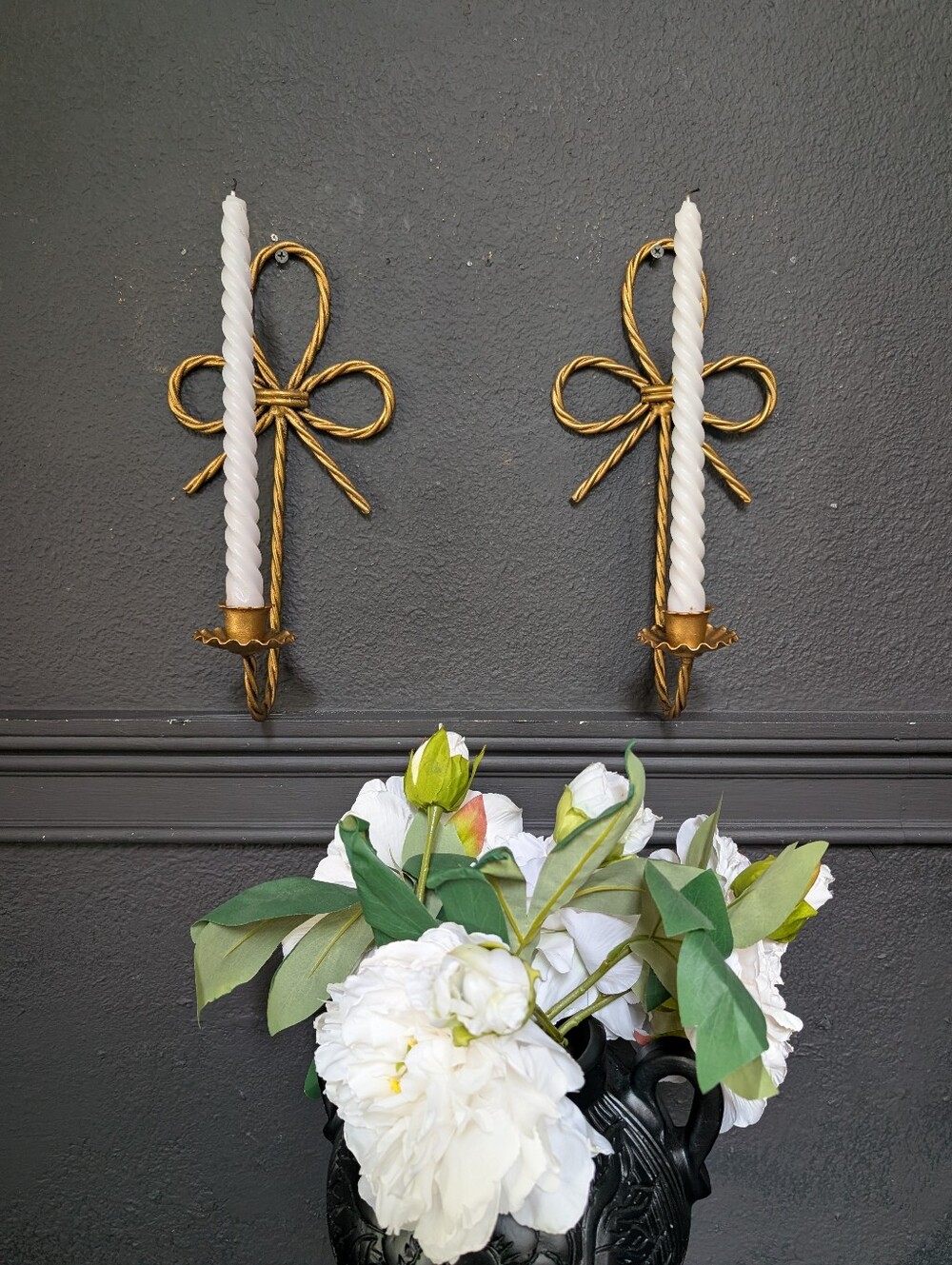 Vintage, Set of 2, Homco Gold Twisted Bow Design Wire Wall Sconces, Brass Hangin